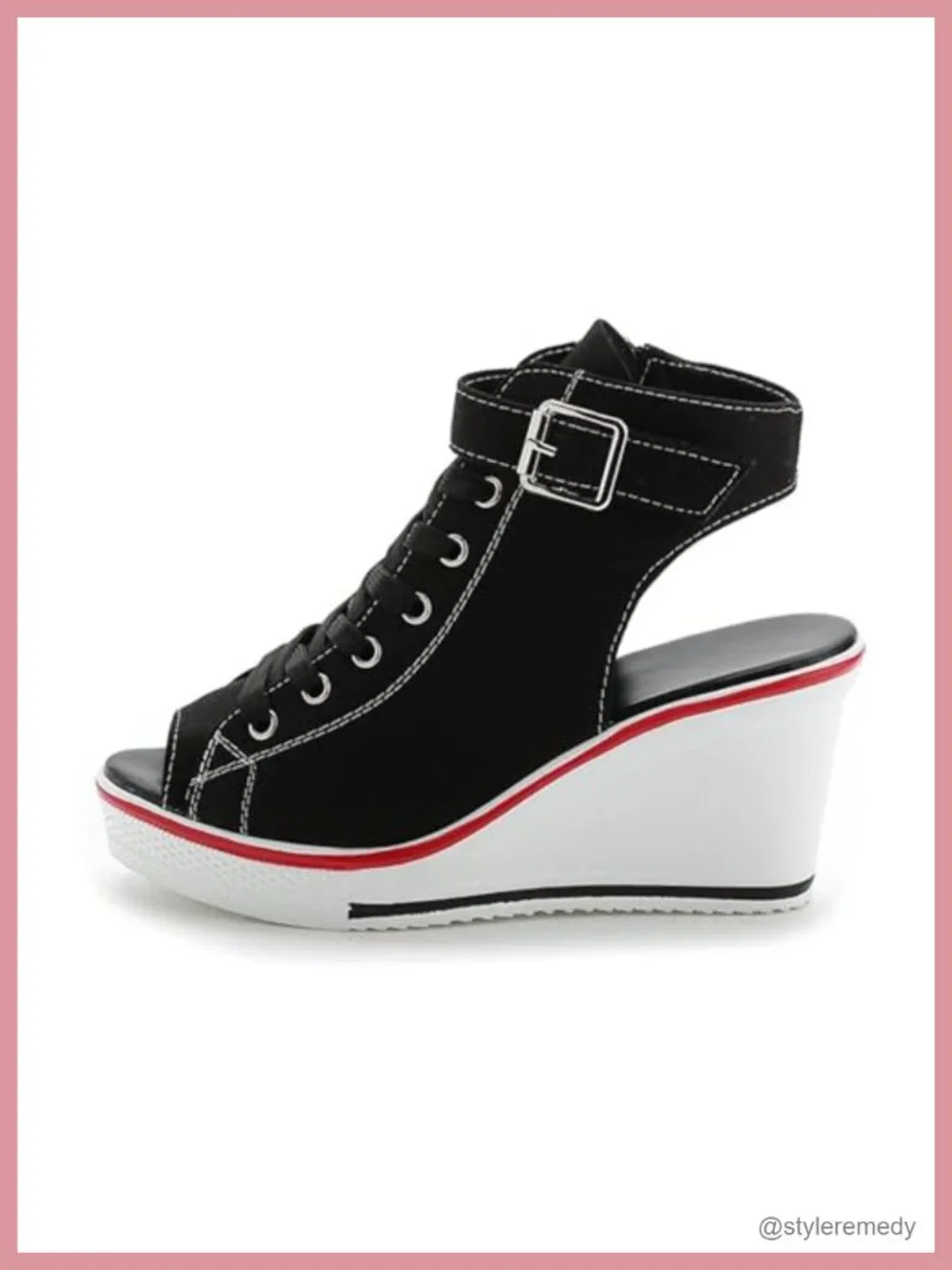 Women's Peep Toe Wedge Sneakers Canvas Platform Shoes Side Zipper Lace Up